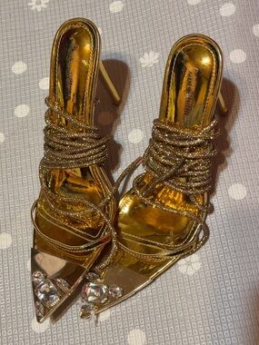 Gold Rhinestone Strappy High Heel Sandals - Women's